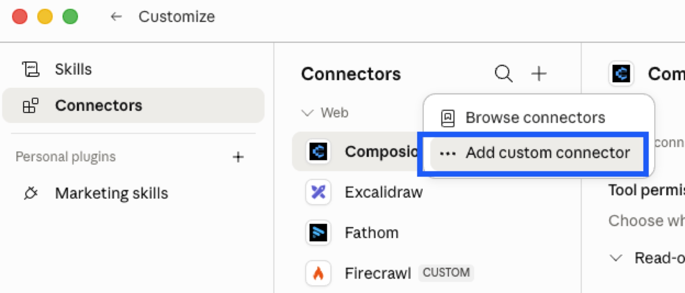 Claude connector configuration screen